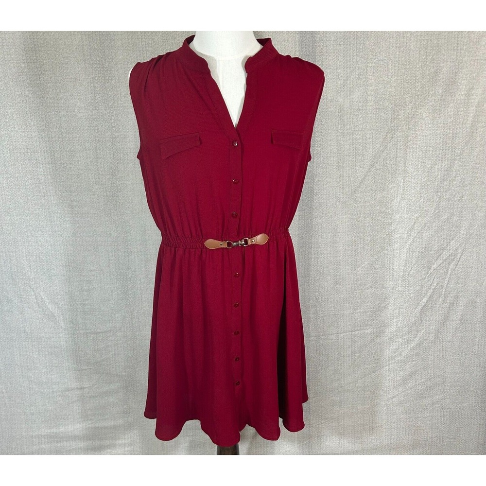 Always Indigo Dress Women 2X Burgundy Sleeveless Knee Length Button Front Belted